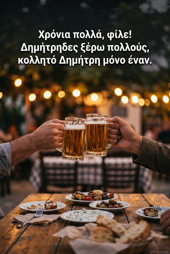 Δύο φίλοι τσουγκρίζουν ποτήρια σε ταβέρνα, με ευχή για τον κολλητό Δημήτρη