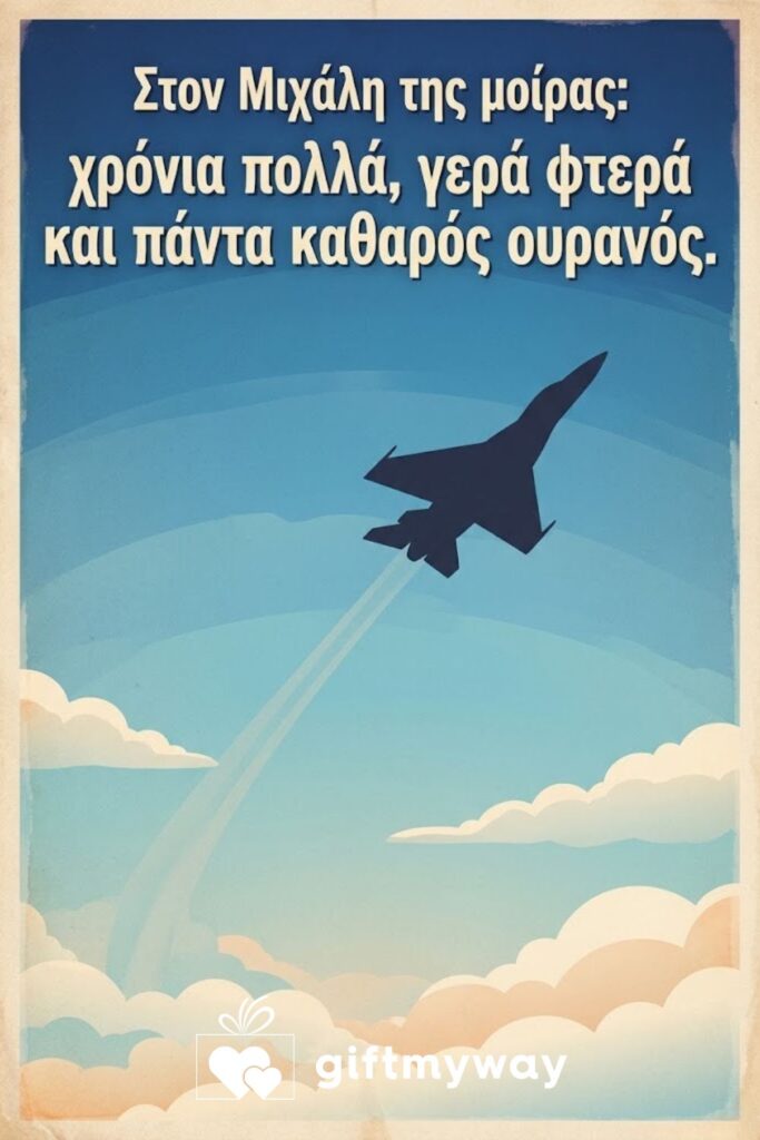 Ρετρό αφίσα με αεροσκάφος στον ουρανό και ευχή για Μιχάλη της Αεροπορίας