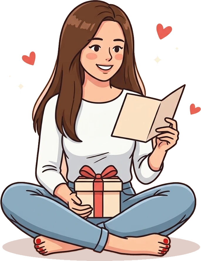 Η περσόνα του giftmyway χαμογελαστή με μια κάρτα ευχών και ένα δώρο