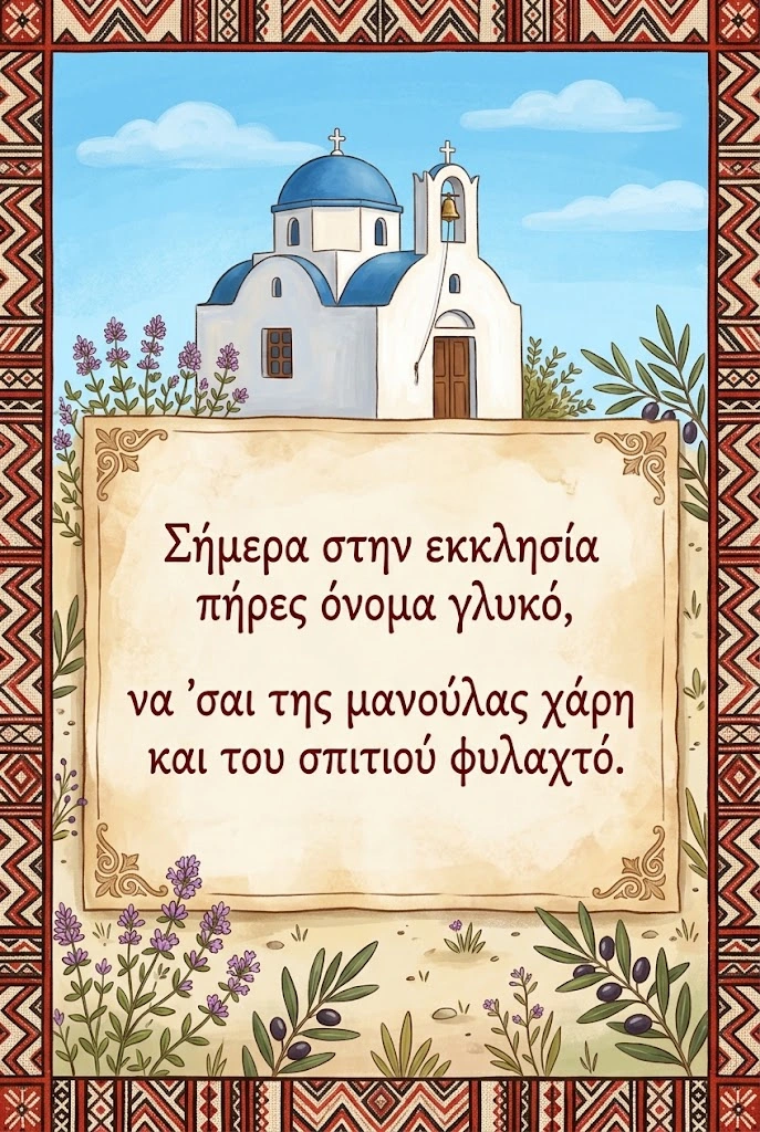 Κρητική μαντινάδα για βάπτιση με ξωκλήσι και παραδοσιακό υφαντό μοτίβο