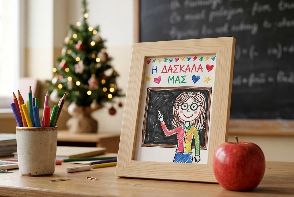 portreto daskalas zografia Παιδική ζωγραφιά της δασκάλας σε ξύλινη κορνίζα, χειροποίητο δώρο Χριστουγέννων