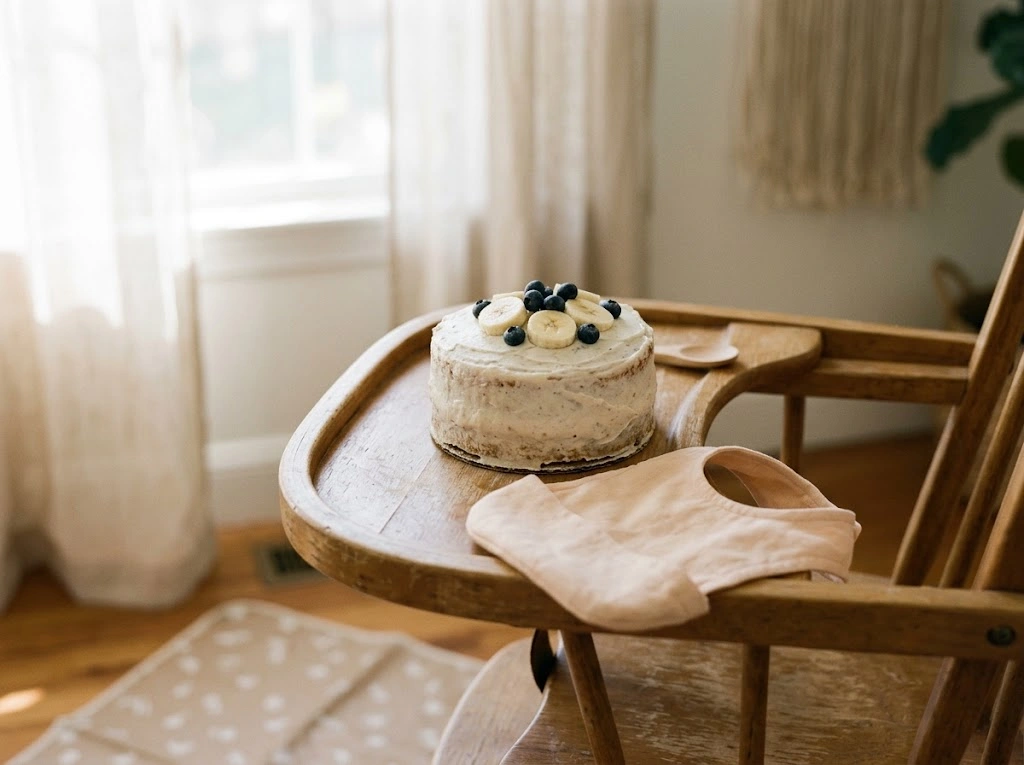 Smash cake για τα πρώτα γενέθλια με κρέμα γιαουρτιού και φρούτα πάνω σε καρέκλα φαγητού