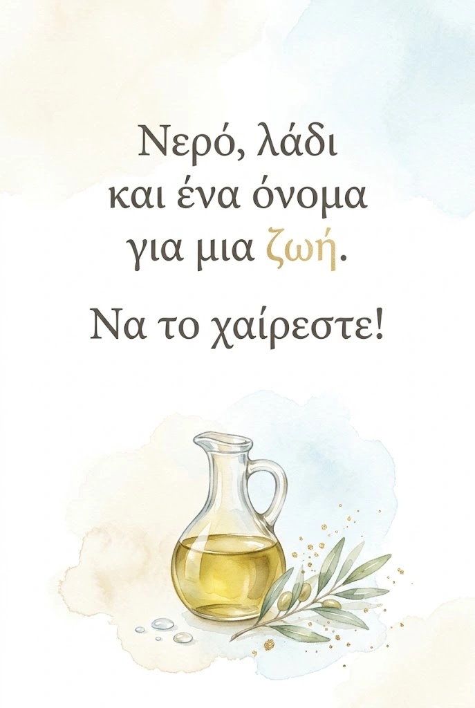 Σύντομη ευχή βάπτισης για κάρτα με λάδι, νερό και κλαδί ελιάς σε ακουαρέλα
