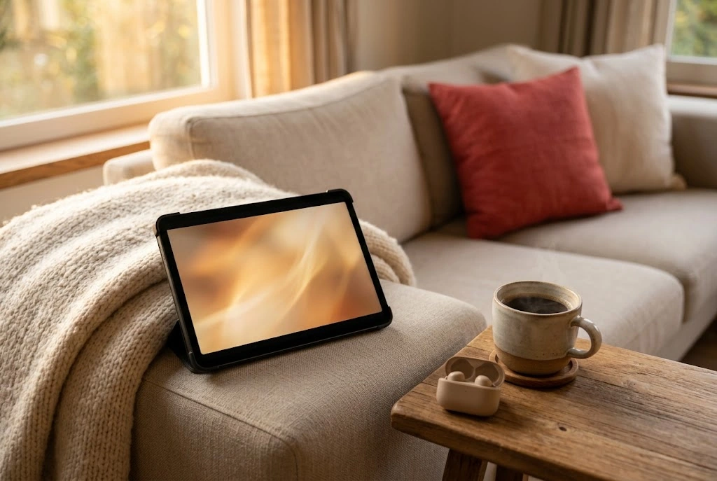 Tablet στον καναπέ δίπλα σε κούπα καφέ για ταινίες το βράδυ