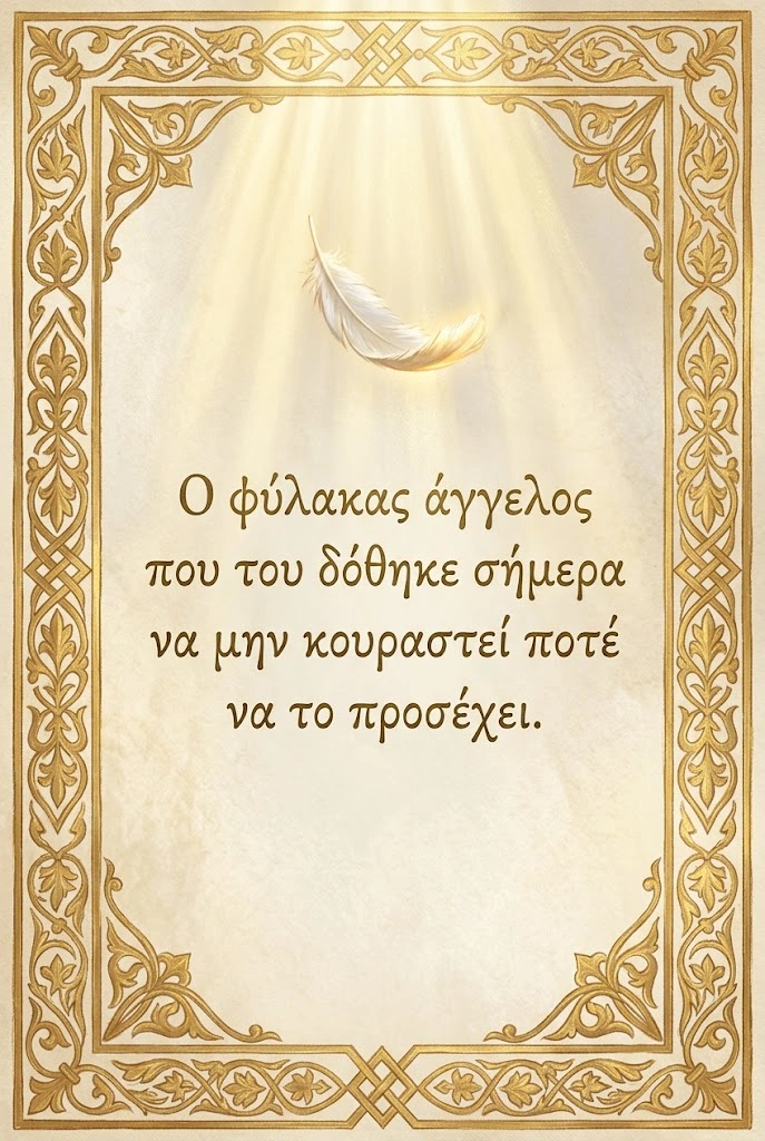 Χρυσό φως και λευκό φτερό με θρησκευτική ευχή για τον φύλακα άγγελο του νεοφώτιστου