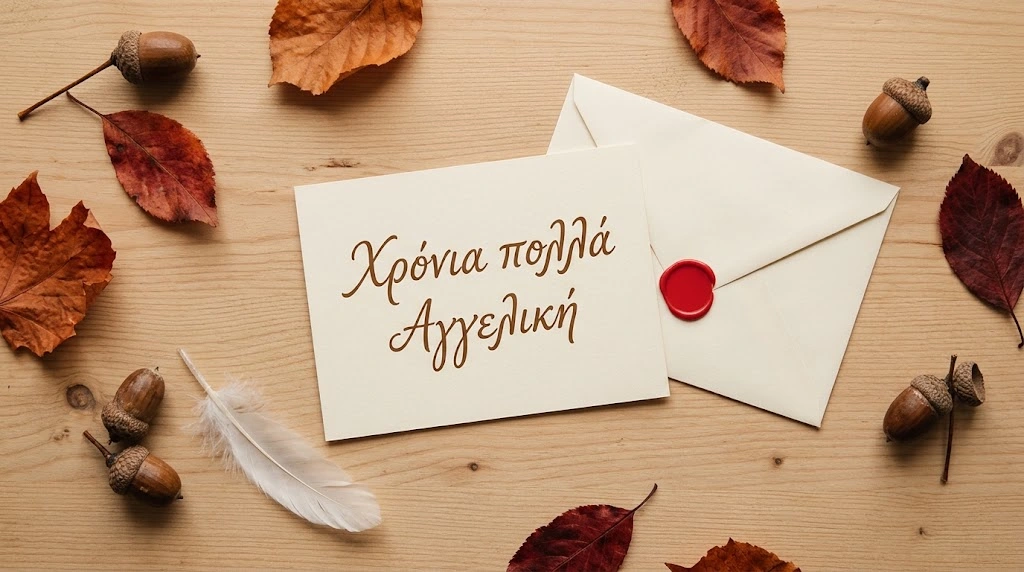 Κάρτα με φθινοπωρινά φύλλα, φτερό και φάκελο που γράφει χρόνια πολλά Αγγελική