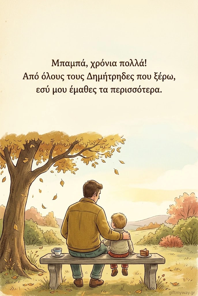 Μπαμπάς και παιδί σε παγκάκι το φθινόπωρο, κάρτα για τη γιορτή του μπαμπά Δημήτρη