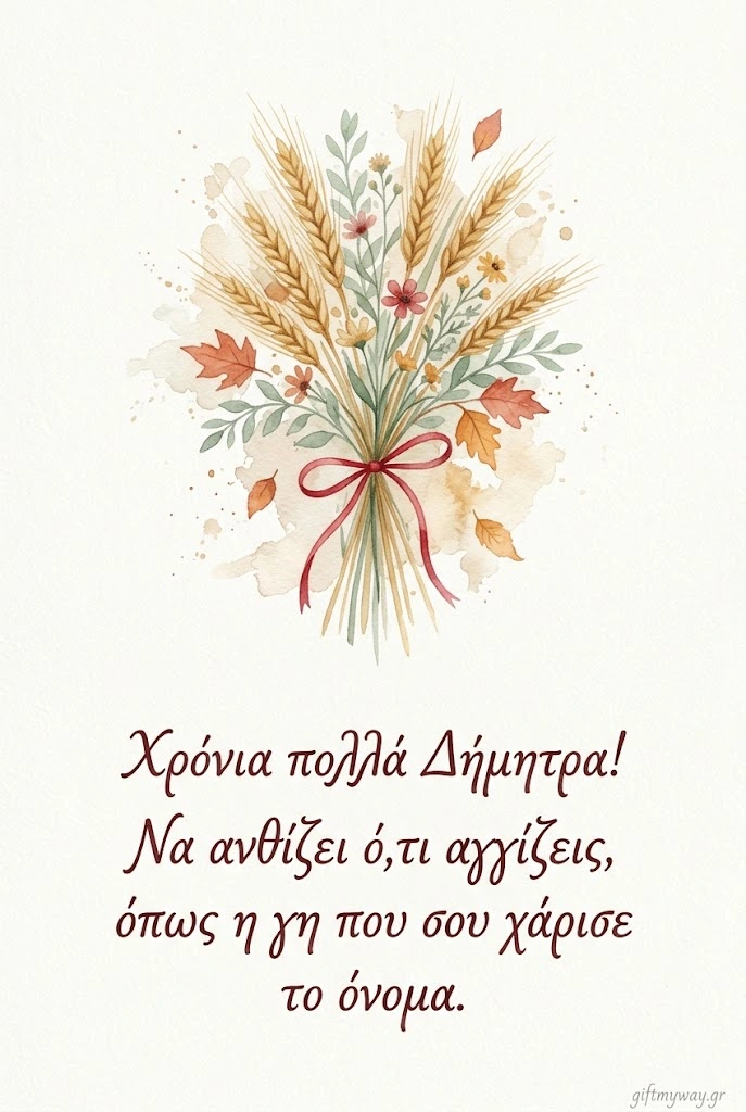 Ακουαρέλα με στάχυα και αγριολούλουδα και ευχή χρόνια πολλά Δήμητρα