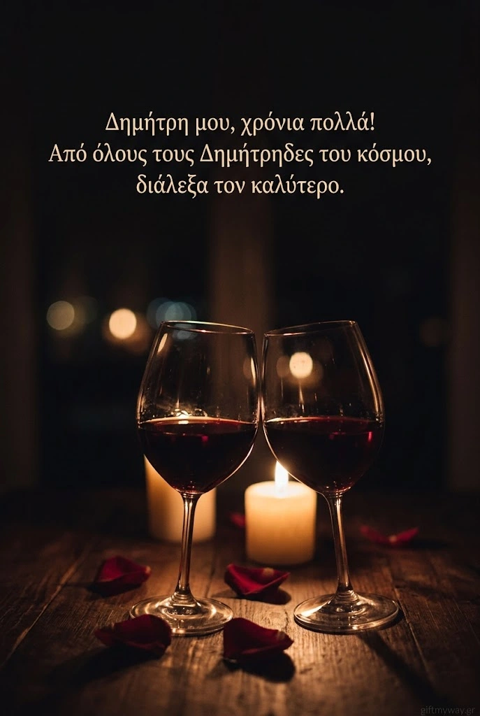 Δύο ποτήρια κρασί στο φως του κεριού με ρομαντική ευχή για τον Δημήτρη
