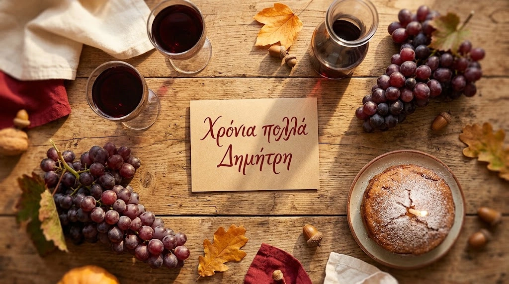 Τραπέζι με νέο κρασί, σταφύλια και κάρτα που γράφει χρόνια πολλά Δημήτρη