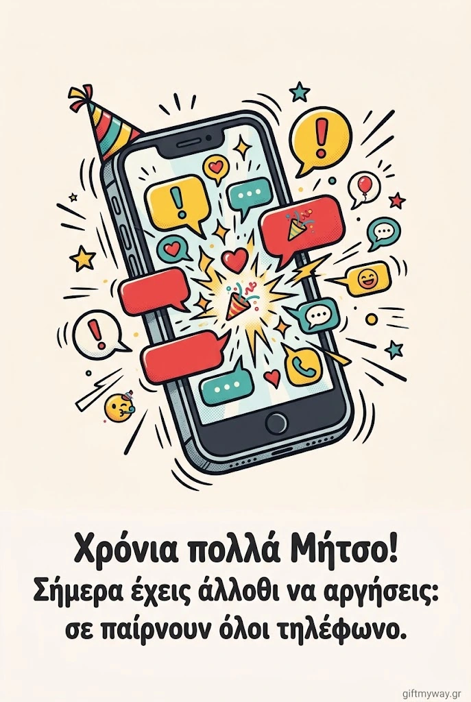 Αστεία κάρτα με κινητό γεμάτο ειδοποιήσεις για τη γιορτή του Μήτσου