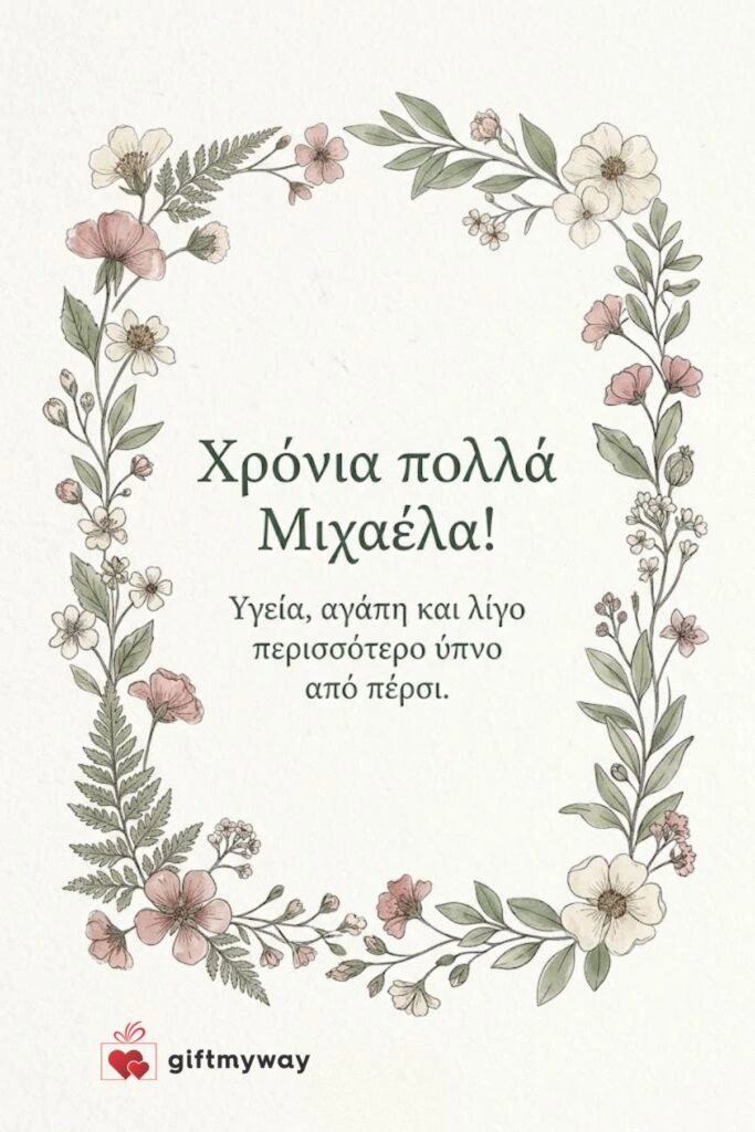 Κάρτα με λουλούδια σε πράσινο και ροζ για να ευχηθείς στη Μιχαέλα