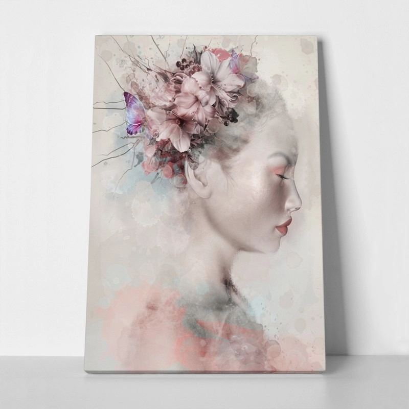 Πινακας σε καμβά WATERCOLOR PORTRAIT OF A WOMAN WITH LILIES