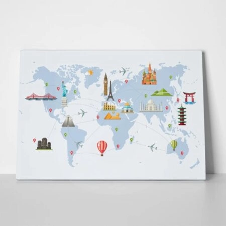 Πινακας σε καμβά FAMOUS LANDMARKS WORLD MAP - Χαρτες