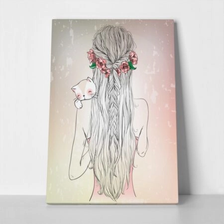 Πινακας σε καμβά HAND DRAWN LONGHAIR YOUNG GIRL WITH CAT