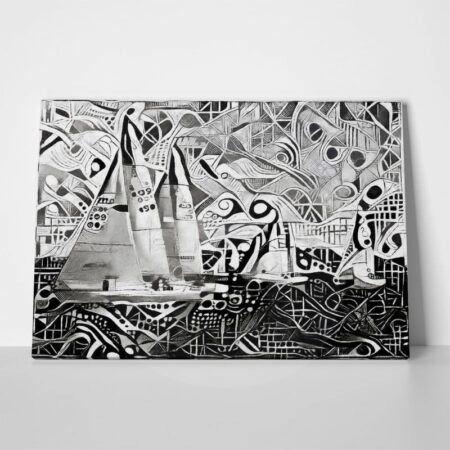 OUTLET Πινακας σε καμβά YACHTS ON REGATTA MONOCHROME CUBISM 120cm x 80cm - OUTLET