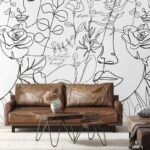 Αυτοκόλλητη Ταπετσαρία τοίχου FACE AND FLORAL LINE ART