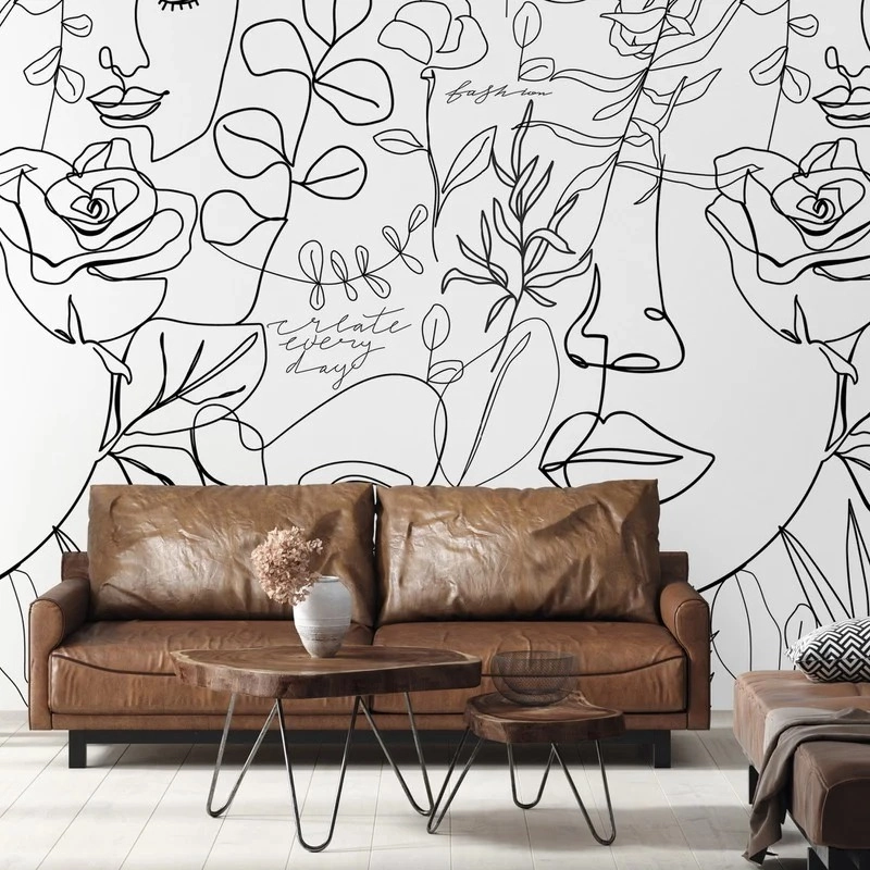 Αυτοκόλλητη Ταπετσαρία τοίχου FACE AND FLORAL LINE ART