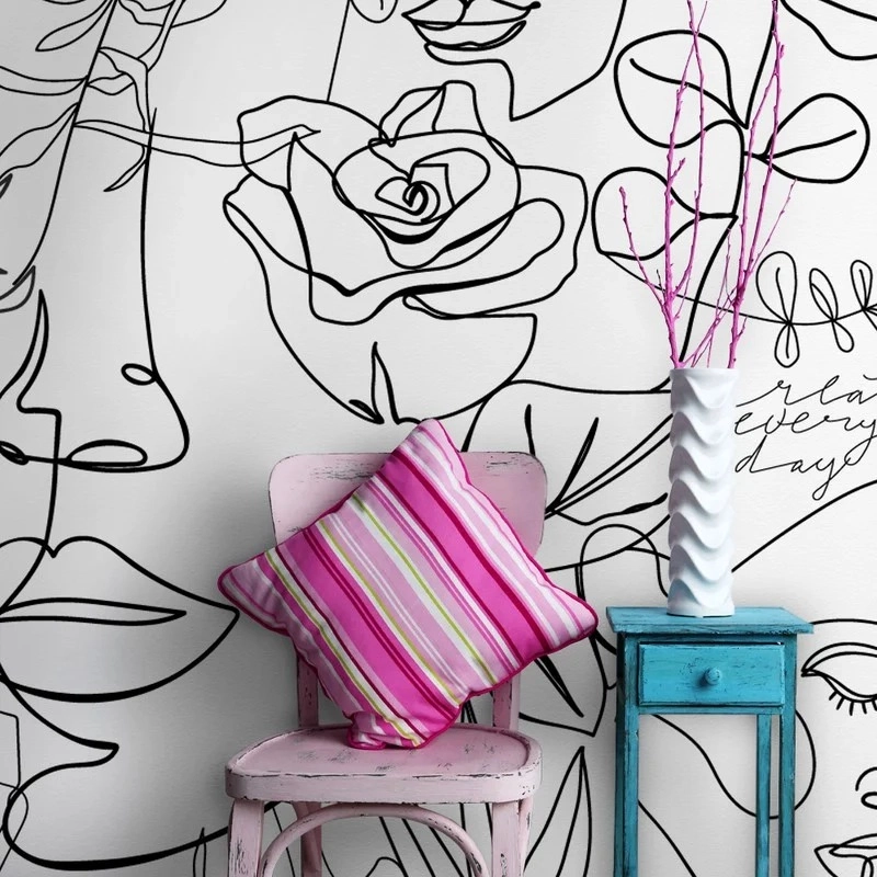 Αυτοκόλλητη Ταπετσαρία τοίχου FACE AND FLORAL LINE ART