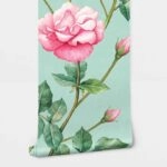 Αυτοκόλλητη Ταπετσαρία τοίχου PINK ROSES ON CYAN