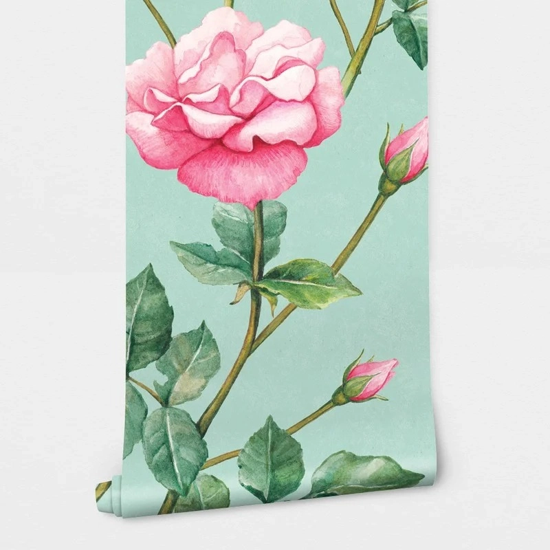 Αυτοκόλλητη Ταπετσαρία τοίχου PINK ROSES ON CYAN