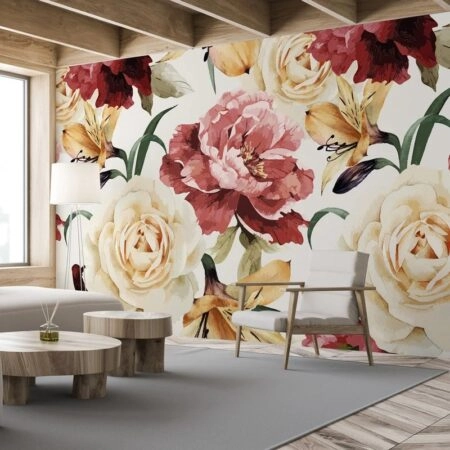 Αυτοκόλλητη Ταπετσαρία τοίχου RED AND BEIGE FLORAL WALLPAPER - Floral - Λουλουδια