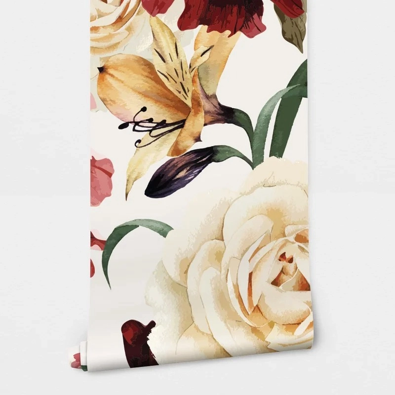 Αυτοκόλλητη Ταπετσαρία τοίχου RED AND BEIGE FLORAL WALLPAPER