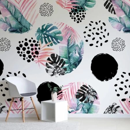 Αυτοκόλλητη Ταπετσαρία τοίχου SHAPES AND TROPICAL LEAVES WATERCOLOR - Tropical
