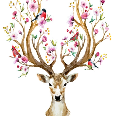 Πινακας σε καμβά WATERCOLOR ILLUSTRATION DEER FLOWERS BIRDS - Ζωα Sticky 4
