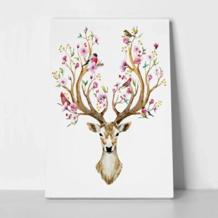 Πινακας σε καμβά WATERCOLOR ILLUSTRATION DEER FLOWERS BIRDS - Ζωα