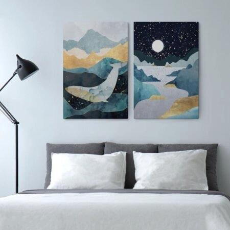 Σετ Δίπτυχος Πινακας σε καμβά ABSTRACT GOLD ILLUSTRATION WITH WHALE - Αφηρημενα και Abstract