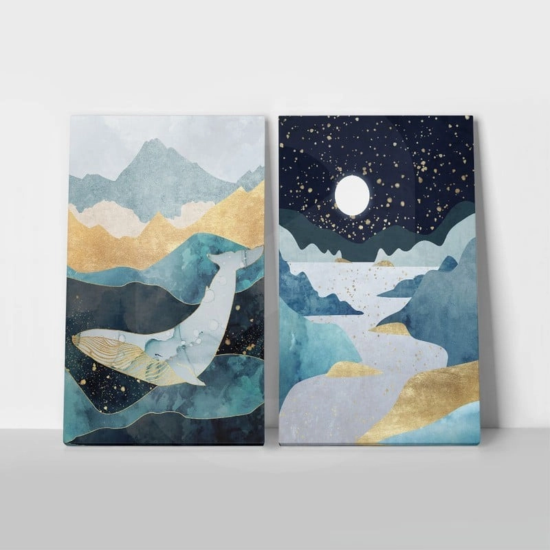 Σετ Δίπτυχος Πινακας σε καμβά ABSTRACT GOLD ILLUSTRATION WITH WHALE