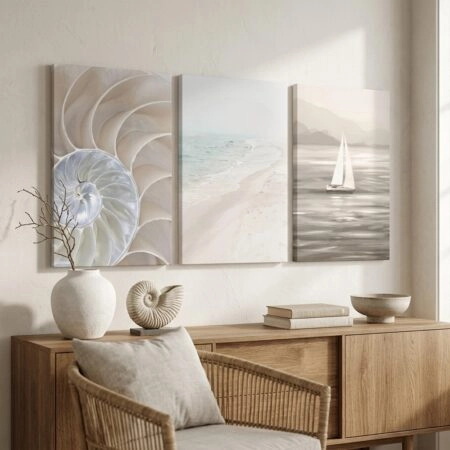 Σετ Τριπτυχος Πινακας σε καμβά BEIGE SEA LIFE - Καλοκαιρι - Θαλασσα Sticky 3