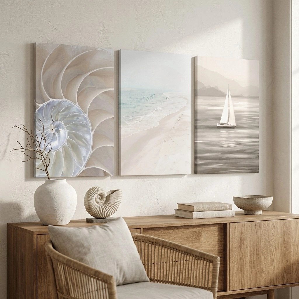 Σετ Τριπτυχος Πινακας σε καμβά BEIGE SEA LIFE