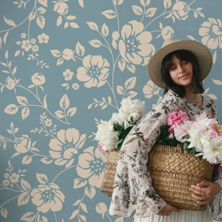 Αυτοκόλλητη Ταπετσαρία τοίχου CYAN FLOWER PATTERN - Floral - Λουλουδια