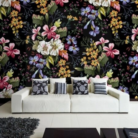 Αυτοκόλλητη Ταπετσαρία τοίχου DECORATIVE FLOWERS ON BLACK - Floral - Λουλουδια