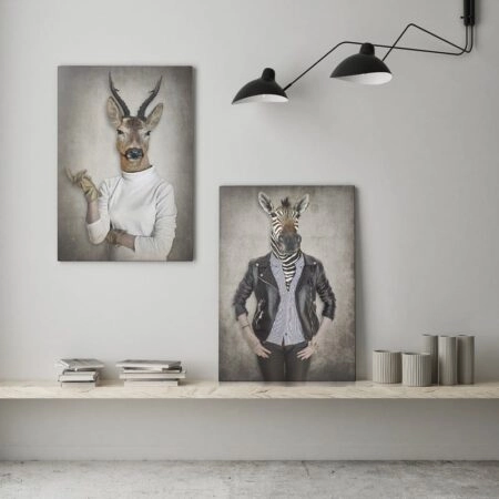 Σετ Δίπτυχος Πινακας σε καμβά DEER & ZEBRA IN CLOTHES - Μοδα και Διασκεδαση