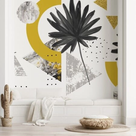 Αυτοκόλλητη Ταπετσαρία τοίχου FAN PALM LEAF GREY AND YELLOW - Tropical