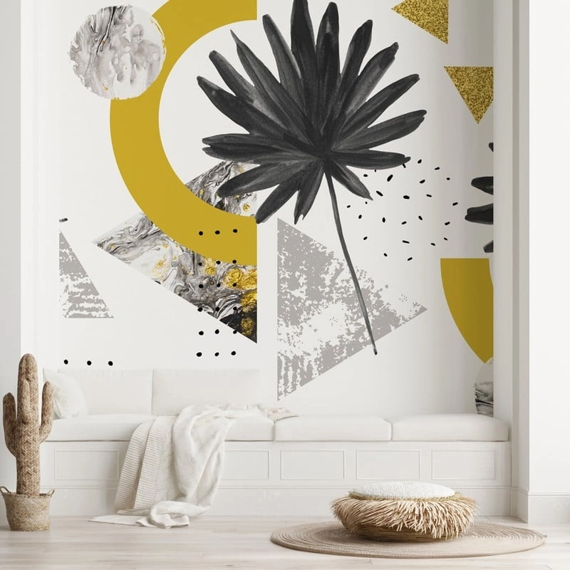 Αυτοκόλλητη Ταπετσαρία τοίχου FAN PALM LEAF GREY AND YELLOW
