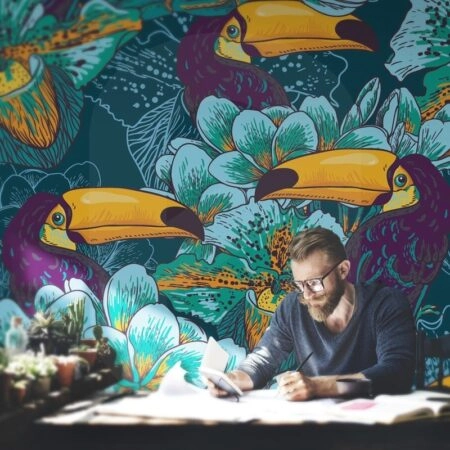 Αυτοκόλλητη Ταπετσαρία τοίχου FLOWERS AND TOUCAN - Tropical
