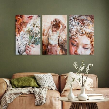 Σετ Τριπτυχος Πινακας σε καμβά GIRL WITH FLOWERS OIL PAINTING - Πορτραιτα και Φιγουρες