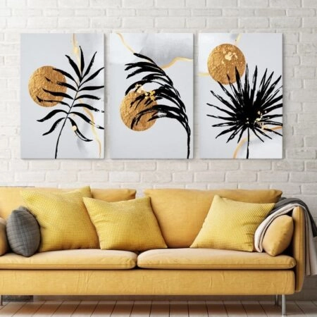 Σετ Τριπτυχος Πινακας σε καμβά GOLDEN SUN AND EXOTIC LEAVES - Botanical - Φυτα Sticky 3