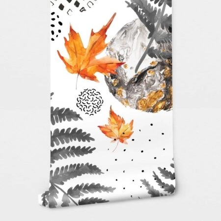 Αυτοκόλλητη Ταπετσαρία τοίχου GREY AND ORANGE WATERCOLOR AUTUMN - Floral - Λουλουδια Sticky 2