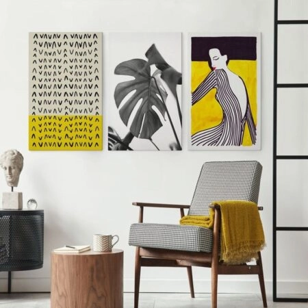 Σετ Τριπτυχος Πινακας σε καμβά MONOCHROMATIC AND YELLOW COMPOSITION - Μοδα και Διασκεδαση