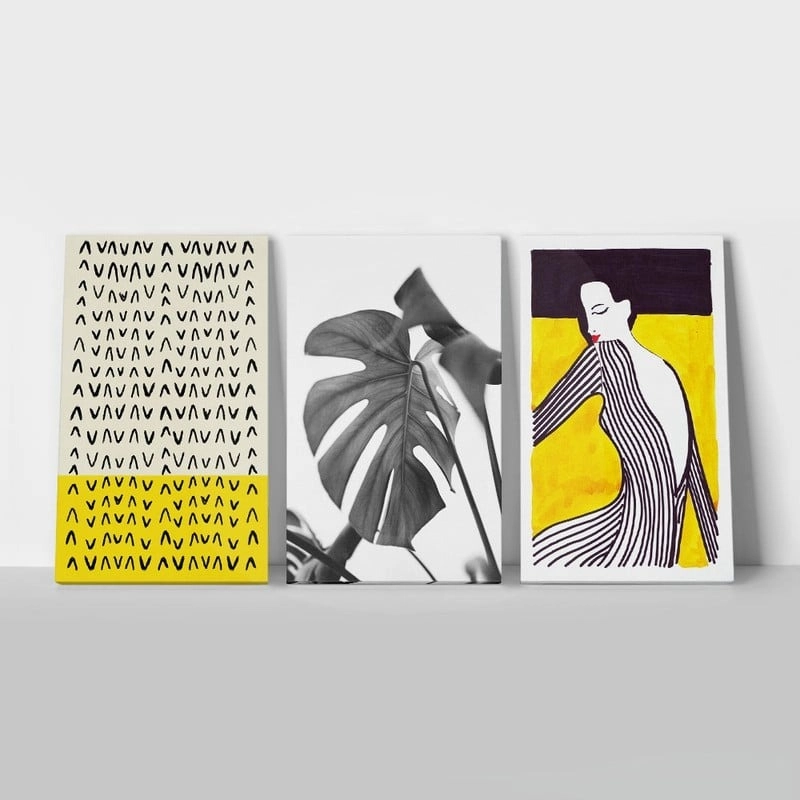 Σετ Τριπτυχος Πινακας σε καμβά MONOCHROMATIC AND YELLOW COMPOSITION