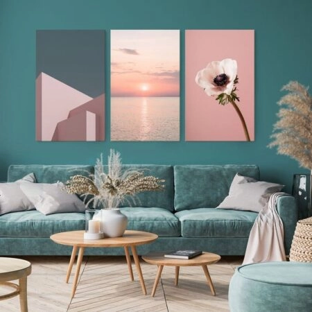 Σετ Τριπτυχος Πινακας σε καμβά PINK MINIMALISM - Ανεμωνες