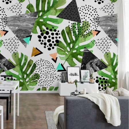 Αυτοκόλλητη Ταπετσαρία τοίχου WATERCOLOR TROPICAL LEAVES AND TRIANGLES - Tropical