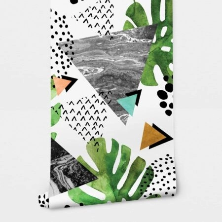 Αυτοκόλλητη Ταπετσαρία τοίχου WATERCOLOR TROPICAL LEAVES AND TRIANGLES - Tropical Sticky 2
