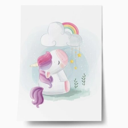 Πόστερ CUTE UNICORN SITTING UNDER RAINBOW CLOUD - Παιδικά Sticky 1