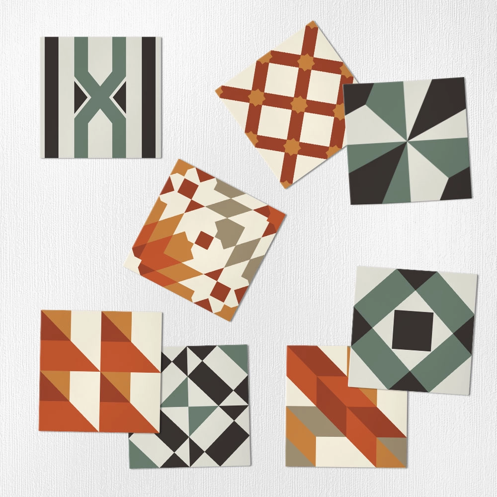Αυτοκόλλητα Πλακάκια OLIVE AND ORANGE GEOMETRIC SET 8 τμχ